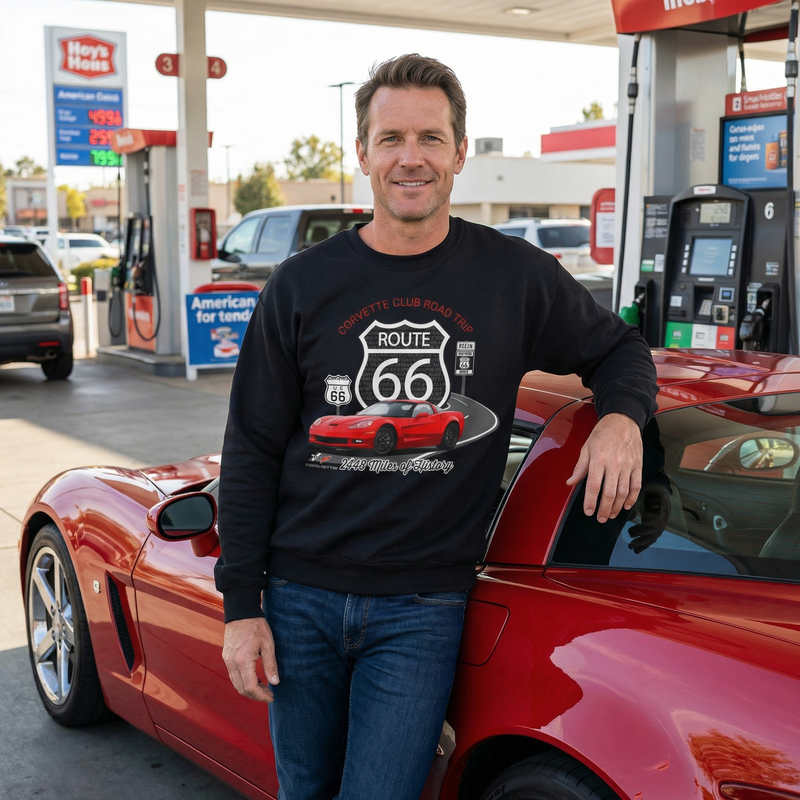 Personalized C6 Corvette Route 66 100th Anniversary Sweatshirt – Custom Text & Car Color Graphic Sweatshirt