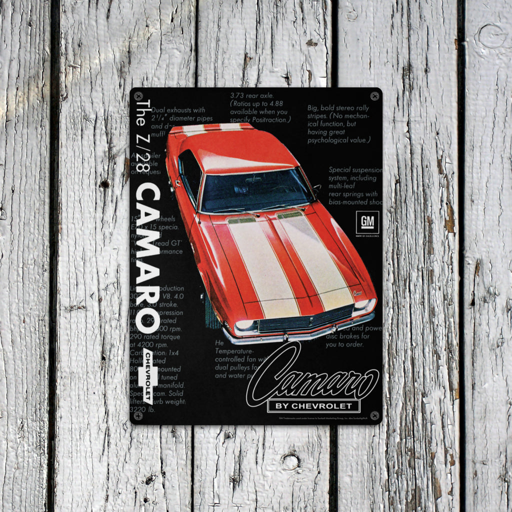 Chevrolet Camaro Z28 Red with White Stripes 16 x 12 inch Tin Sign – Classic Vintage Car Wall Art, Classic Muscle Car Decor for Garage, Man Cave, Bar, or Home