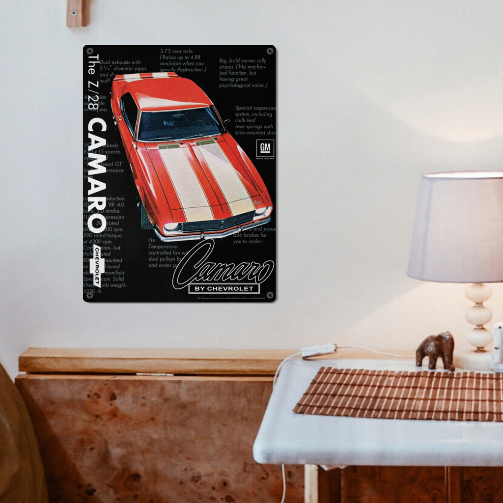 Chevrolet Camaro Z28 Red with White Stripes 16 x 12 inch Tin Sign – Classic Vintage Car Wall Art, Classic Muscle Car Decor for Garage, Man Cave, Bar, or Home