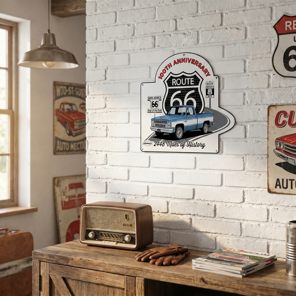 1987 Chevrolet C10 Blue and White Two Tone Route 66 100th Anniversary Die Cut USA Made Metal Sign- Available in 2 sizes