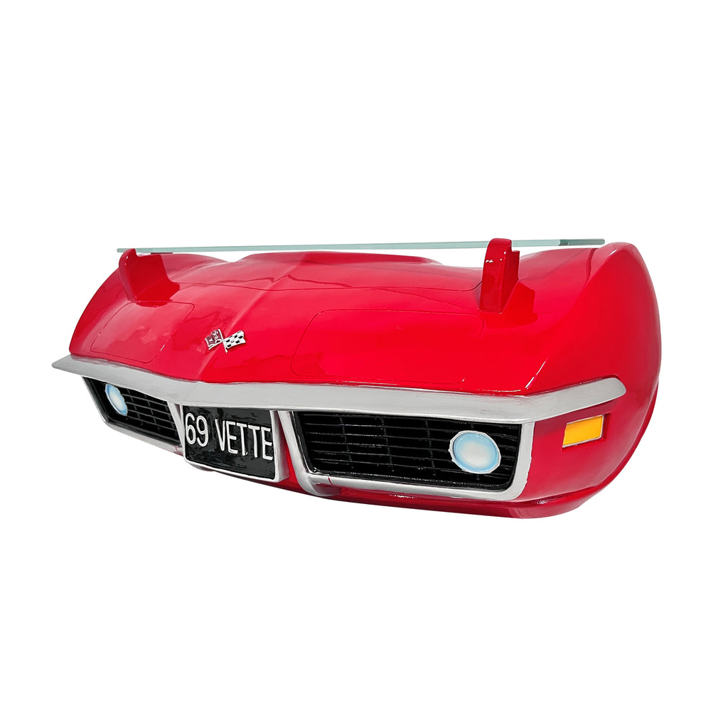 1969 Corvette Stingray (C3) Polyresin Front Floating Shelf, Red, Without Lights 21.5 x 7 x 8 inches, 7.5 pounds. Tempered Glass Shelf, Recessed Brackets