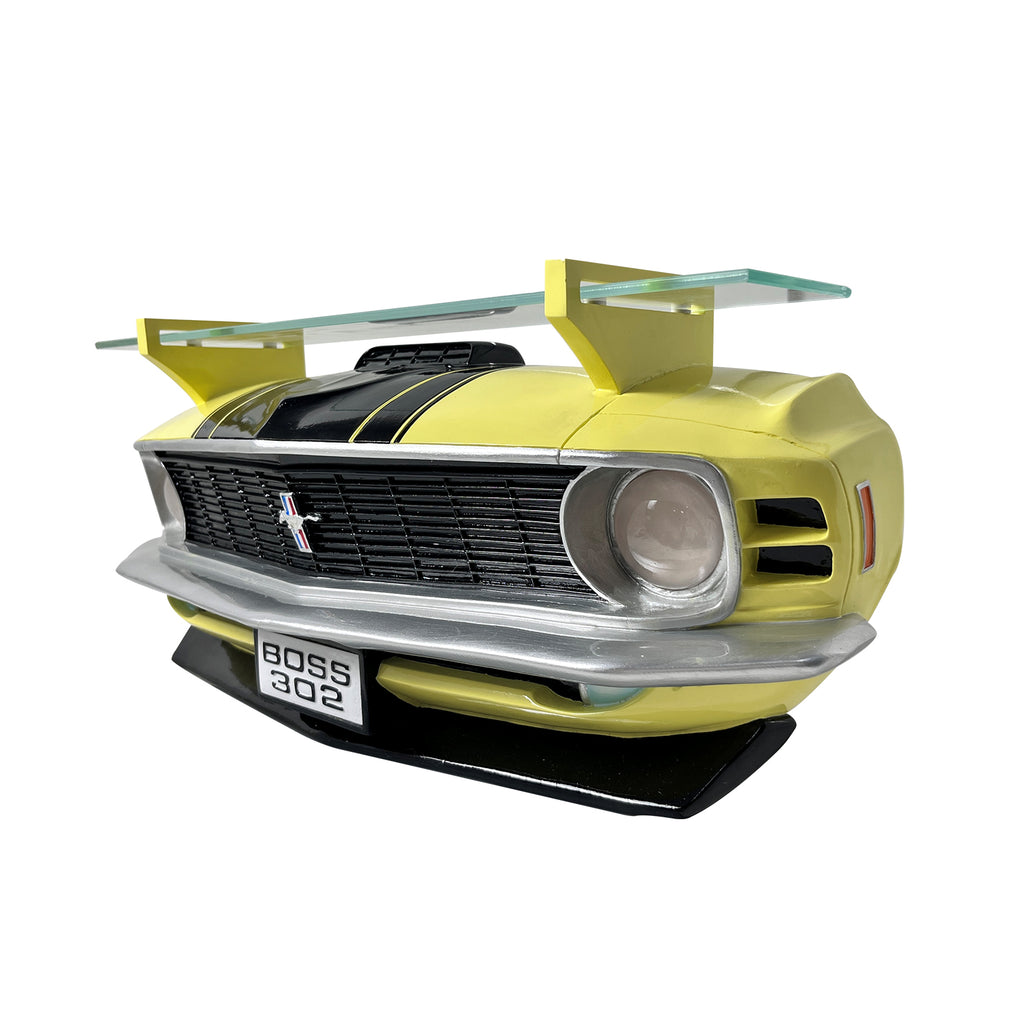 1970 Ford Boss 302 Mustang Front End Polyresin Floating Wall Shelf, Yellow and Black, Working LED Lights powered by 3AA Batteries ( not included)