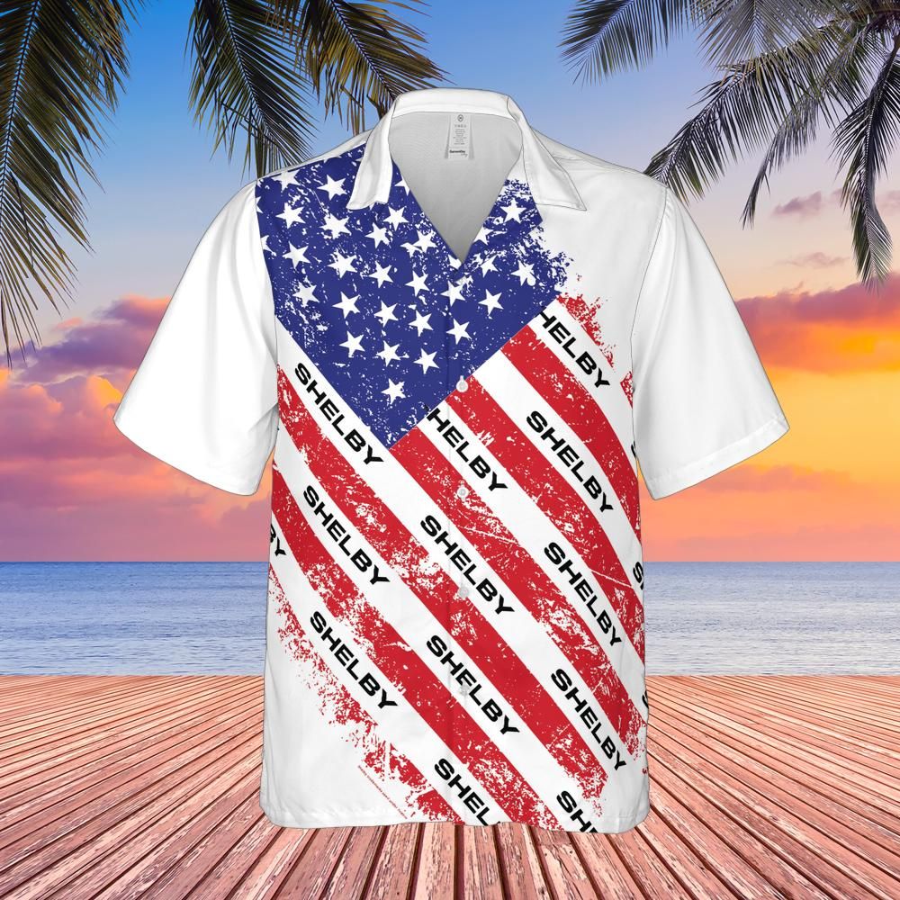 Carroll Shelby American Flag Hawaiian Shirt, Red White and Blue, Shelby Wordmark Alternate Stripes