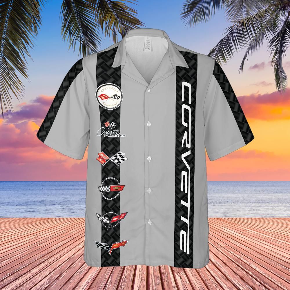 Corvette C1-C6 Logos Light Grey Base with Carbon Stripes Hawaiian Shirt for Men, Button-Down Short Sleeve, Classic Fit, Corvette Racing Design, Lightweight and Breathable Summer Shirt, Casual Car Enthusiast Apparel, Officially Licensed GM Product