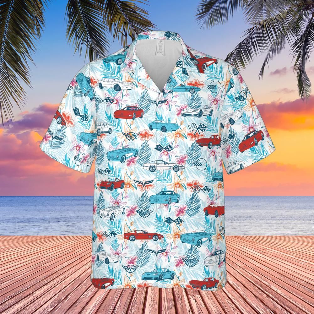 C1-C6 Corvette Hawaiian Shirt for Men, Multicolor Cars and Logos Tropical Design, Button-Down Short Sleeve, Classic Fit, Lightweight Summer Beach Shirt
