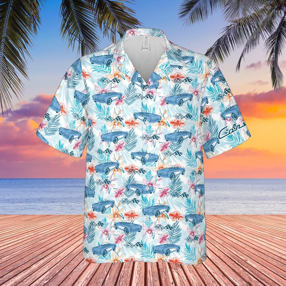 C1 Chevrolet Corvette Hawaiian Shirt Horizon Blue Men's Short Sleeve Front Button Hawaiian Shirt