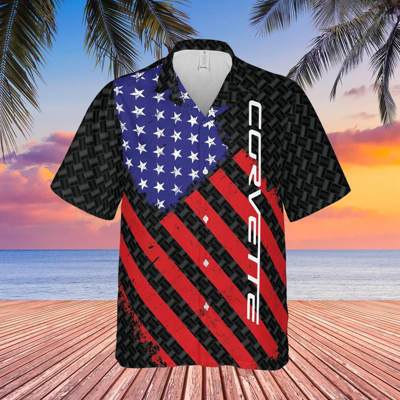 Corvette C6 Flag Regular Fit Hawaiian Front Button Short Sleeve Shirt carbon