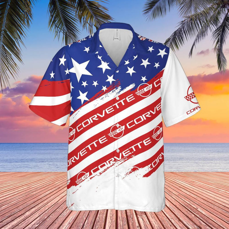Men’s Chevy Corvette C4 Americana Hawaiian Shirt, Red, White, and Blue Stars and Stripes, Button-Down, Short Sleeve