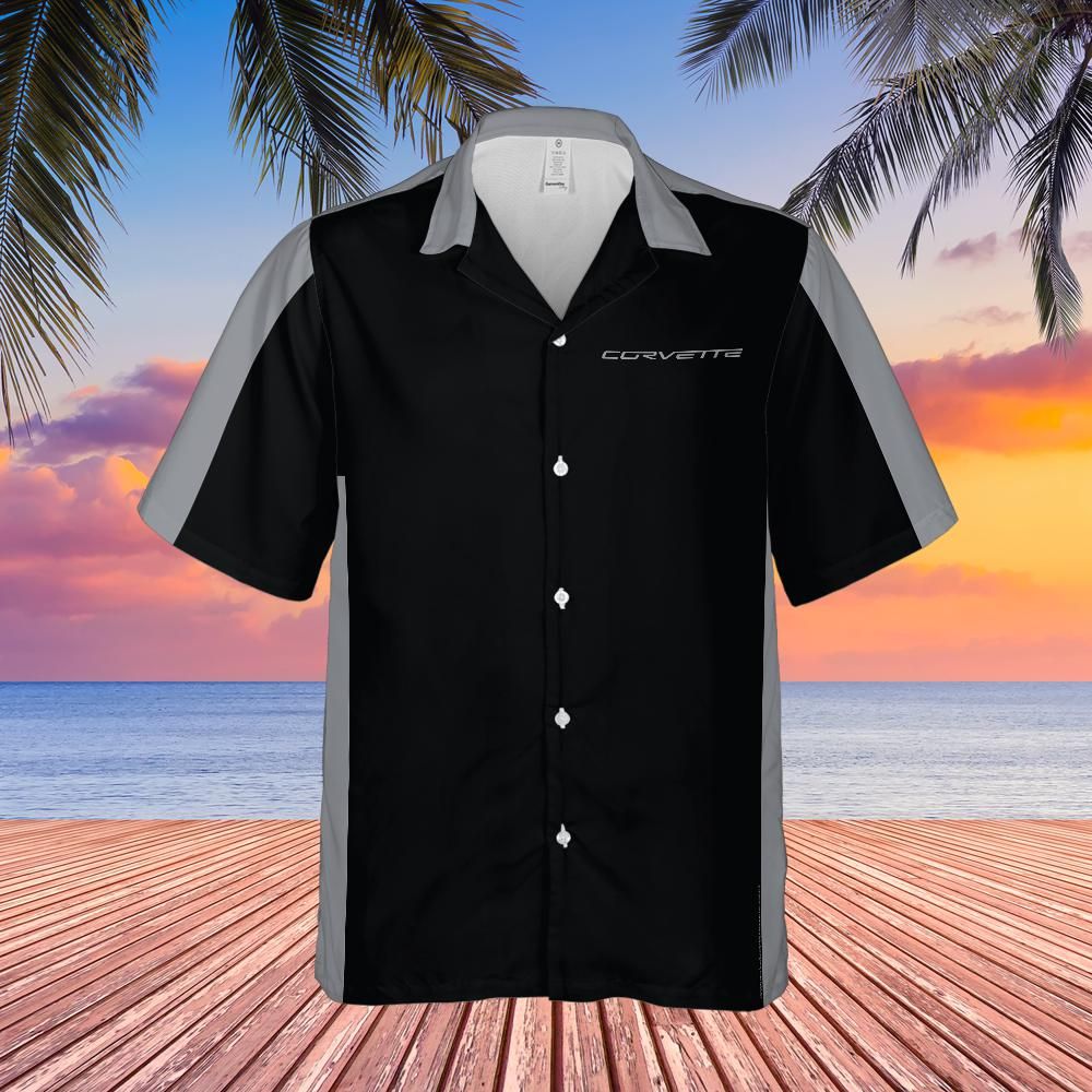 C6 Chevrolet Corvette Hawaiian Shirt Black and Machine Silver Metallic Color Block Men's Short Sleeve Button-Up Casual Camp Shirt