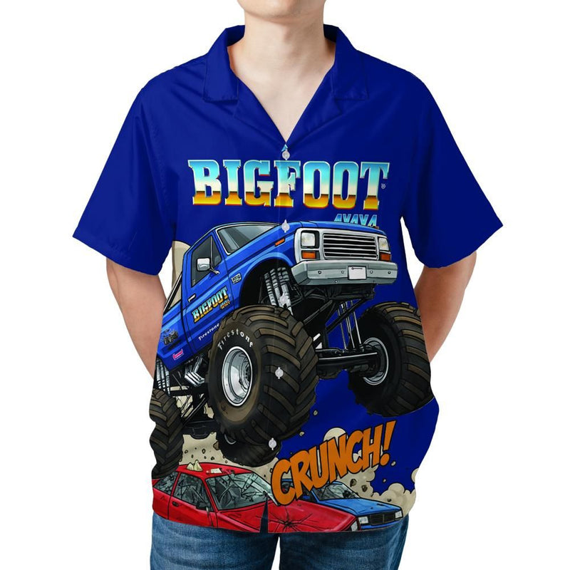 BIGFOOT 4x4 Monster Truck Hawaiian Camp Shirt – CRUNCH! Design, Blue Short Sleeve for Men