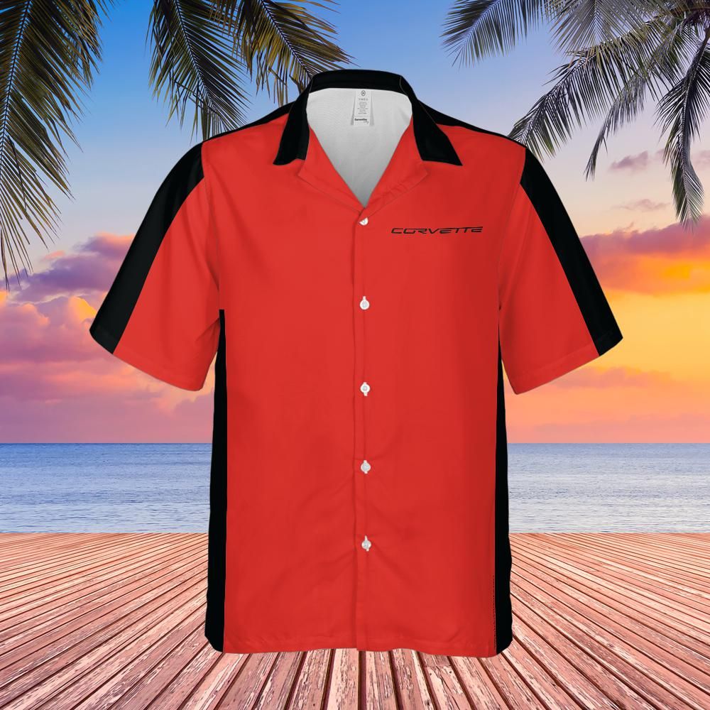 C6 Chevrolet Corvette Hawaiian Shirt Victory Red and Black Color Block Men's Short Sleeve Button-Up Casual Camp Shirt