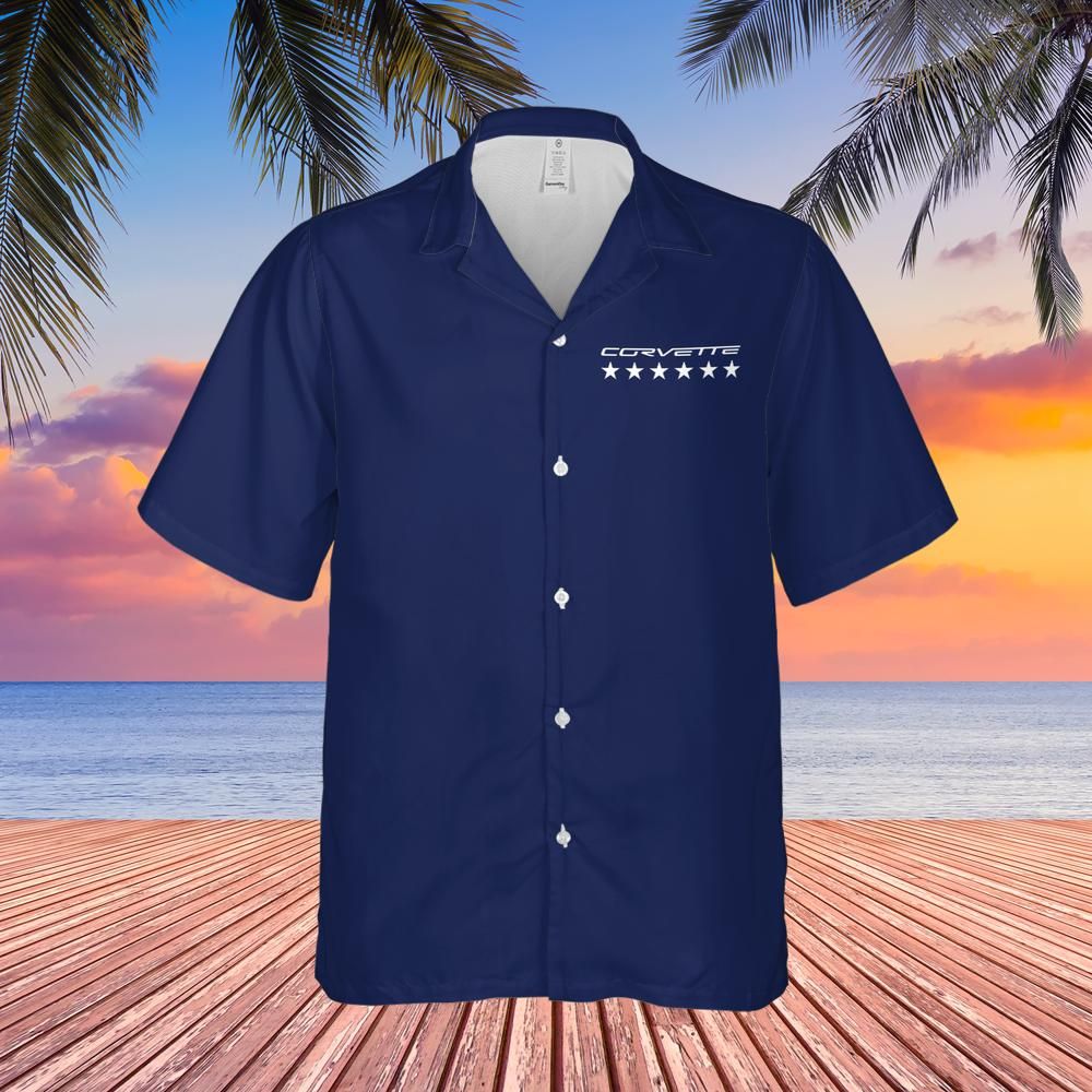 C6 Chevy Corvette Men’s Hawaiian Shirt, Stars and Stripes Americana Design, Button Down, Short Sleeve, Navy Background