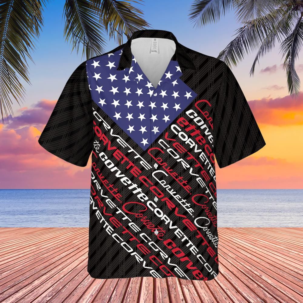 C1-C6 Corvette American Flag Hawaiian Shirt for Men, US Flag Stars and Stripes Design, Regular Fit, Short Sleeve, Patriotic Charcoal, Casual Button-Down Beach Shirt