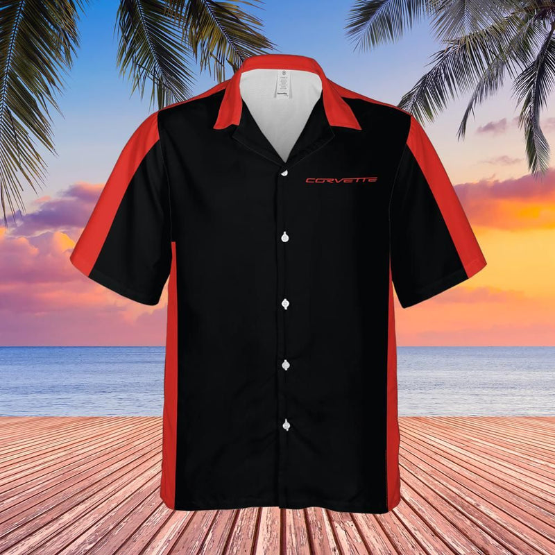 C6 Chevrolet Corvette Hawaiian Shirt Black and Victory Red Color Block Men's Short Sleeve Button-Up Casual Camp Shirt