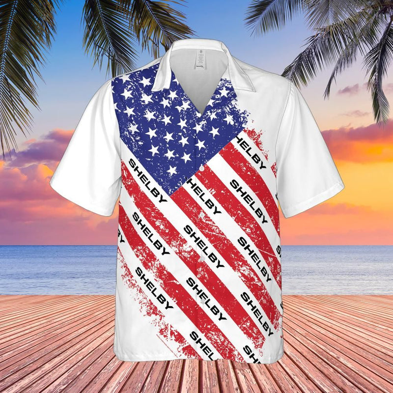 Carroll Shelby American Flag Hawaiian Shirt, Red White and Blue, Shelby Wordmark Alternate Stripes