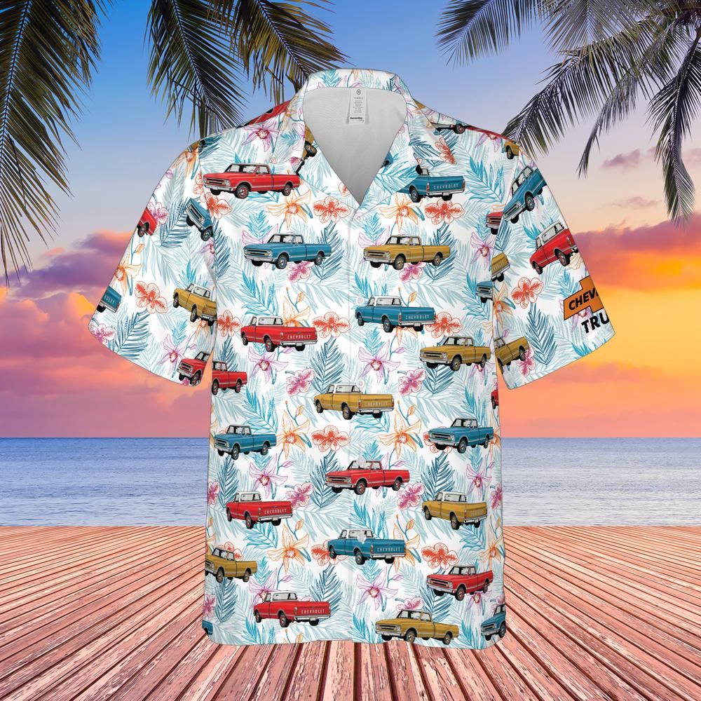 Chevrolet C10 Trucks Men’s Hawaiian Shirt, 1973 Chevy Pickup Tropical Print, Button Down, Short Sleeve, Gift for Truck Lover