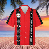 Corvette C1-C6 Logos Red Base with Carbon Stripes Hawaiian Shirt for Men, Button-Down Short Sleeve, Classic Fit, Corvette Racing Design, Lightweight and Breathable Summer Shirt, Casual Car Enthusiast Apparel, Officially Licensed GM Product