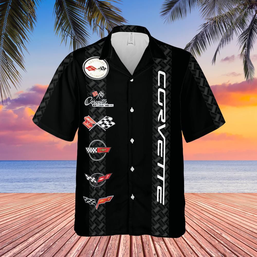 Corvette C1-C6 Logos Black Hawaiian Shirt for Men, Button-Down Short Sleeve, Classic Fit, Corvette Racing Design, Lightweight and Breathable Summer Shirt, Casual Car Enthusiast Apparel, Officially Licensed GM Product