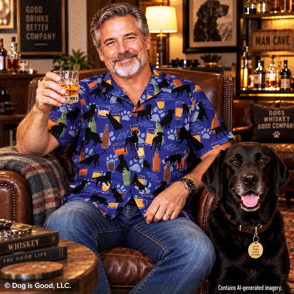 Dog is Good Men's "Never Drink Alone" Blue Hawaiian Shirt