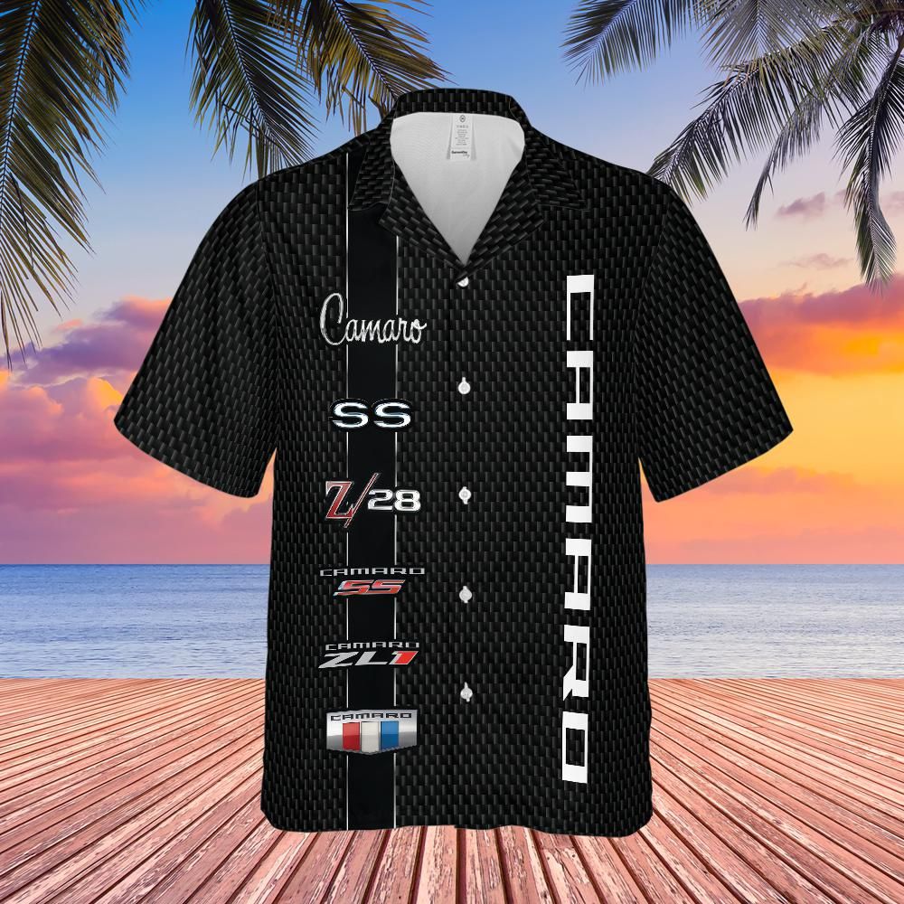 Chevrolet Camaro Hawaiian Shirt for Men, Multiple logo, Regular Fit, Short Sleeve, Patriotic Charcoal, Casual Button-Down Beach Shirt