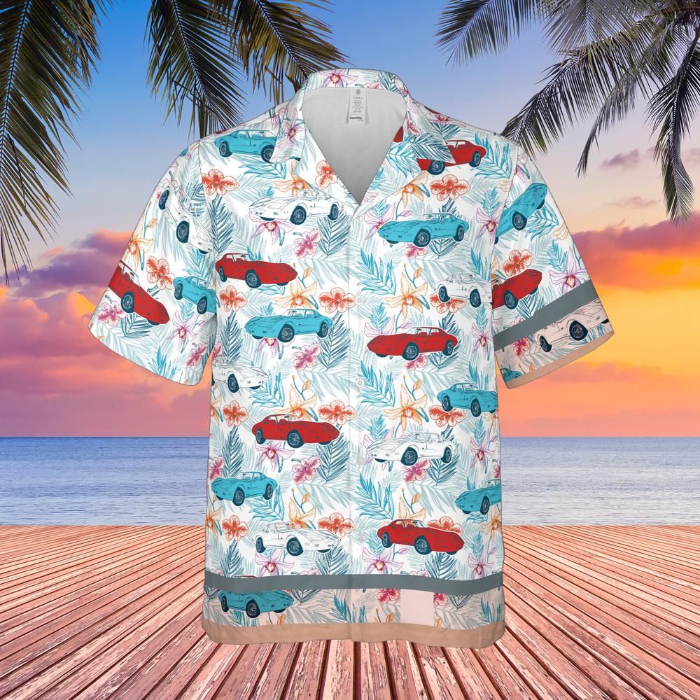 C3 Corvette Herren-Hemd im Hawaii-Stil, mehrfarbig, kurzärmlig, mit Knopfleiste vorne