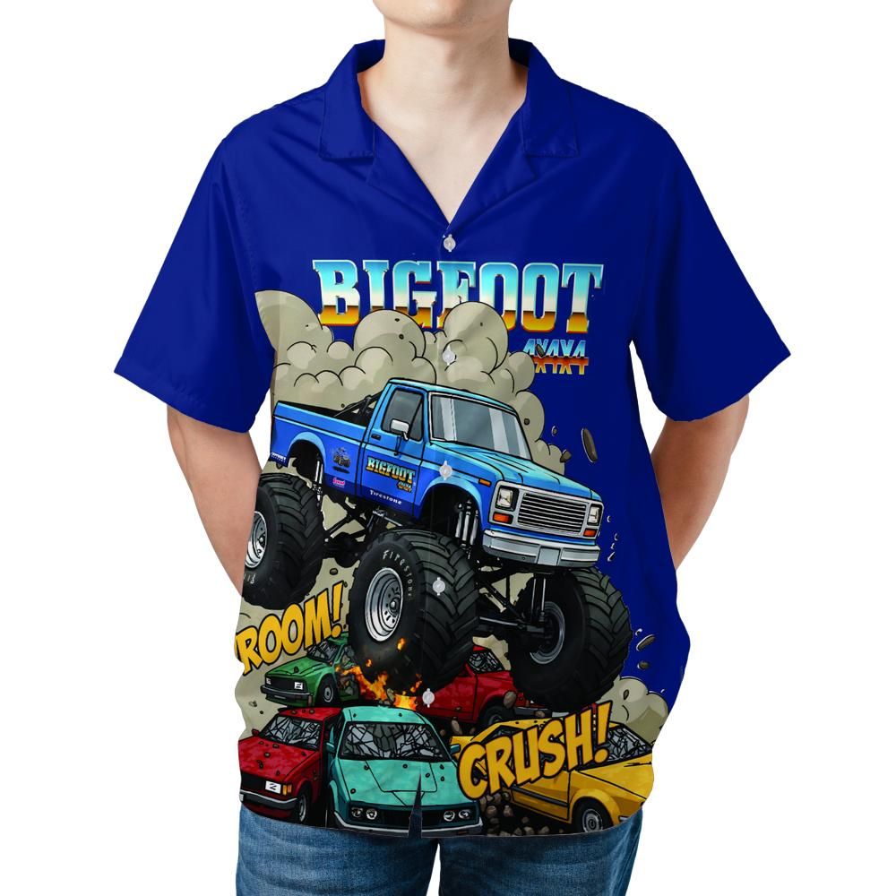 BIGFOOT 4x4 Monster Truck Hawaiian Shirt – VROOM & CRUSH Design, Blue Short Sleeve for Men