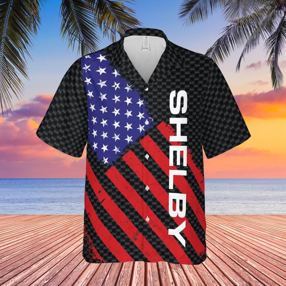 Carroll Shelby American Flag Hawaiian Shirt,  Carbon Background with Shelby in Solid Bold Print