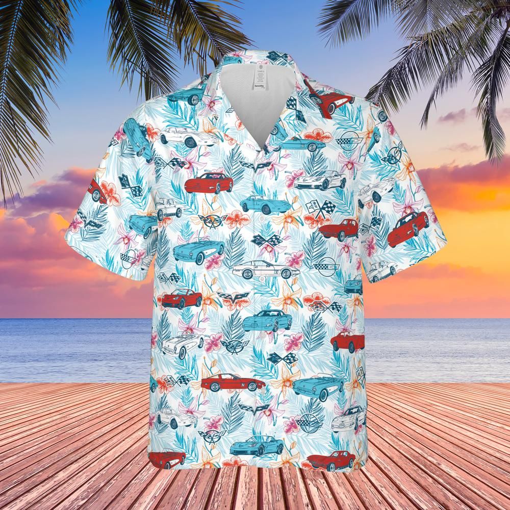 C1-C6 Corvette Hawaiian Shirt for Men, Multicolor Cars and Logos Tropical Design, Button-Down Short Sleeve, Classic Fit, Lightweight Summer Beach Shirt