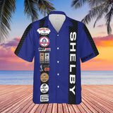 Carroll Shelby Blue Base Hawaiian Shirt, Celebrating Muscle Car Heritage with Historical Shelby Badge Designs Bordered by Carbon Stripes