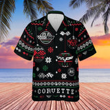 Corvette Ugly Christmas Hawaiian Shirt, C1-C6 Logos with Christmas Ornaments and Snowflakes on a Black Background