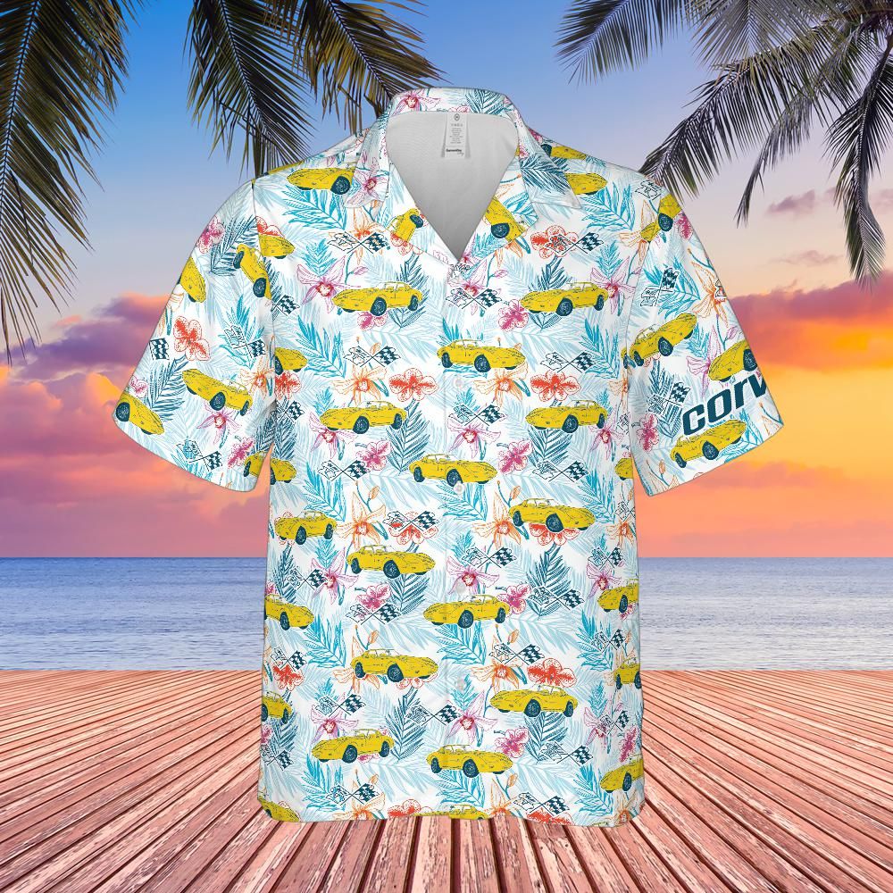 C3 Chevrolet Corvette Hawaiian Shirt Daytona Yellow Men's Short Sleeve Front Button Hawaiian Shirt