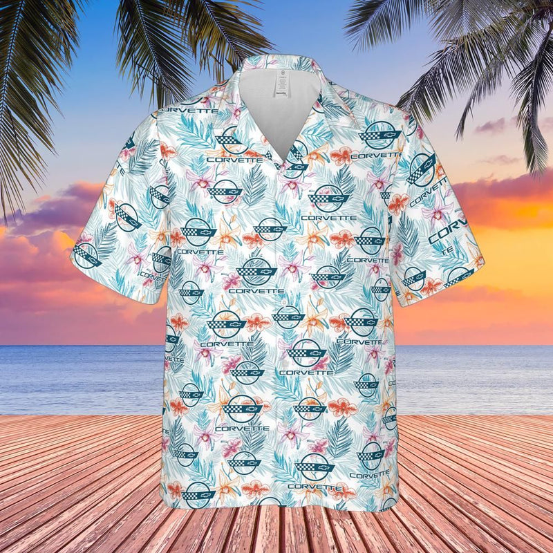 C4 Chevy Corvette Men’s Hawaiian Shirt, Tonal Logo Tropical Floral Pattern, Short Sleeve Button Down, Corvette Gift Apparel