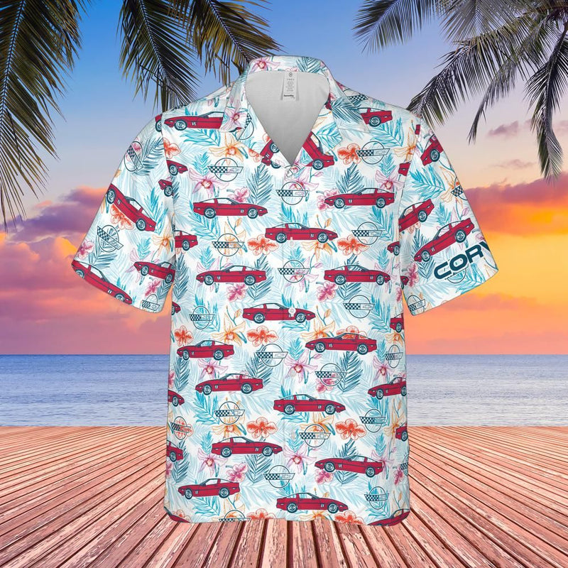 C4 Chevrolet Corvette Hawaiian Shirt Bright Red Men's Short Sleeve Front Button Hawaiian Shirt