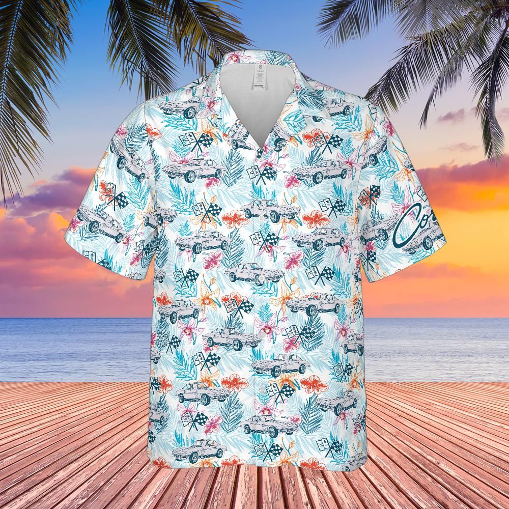 C2 Chevrolet Corvette Ermine White Hawaiian Shirt Men's Short Sleeve Front Button Hawaiian Shirt