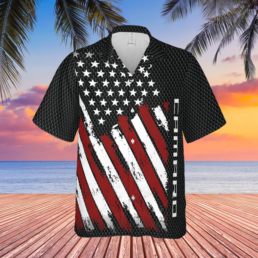 Chevrolet Camaro American Flag Hawaiian Shirt for Men, US Flag Stars and Stripes Design, Regular Fit, Short Sleeve, Patriotic Charcoal, Casual Button-Down Beach Shirt