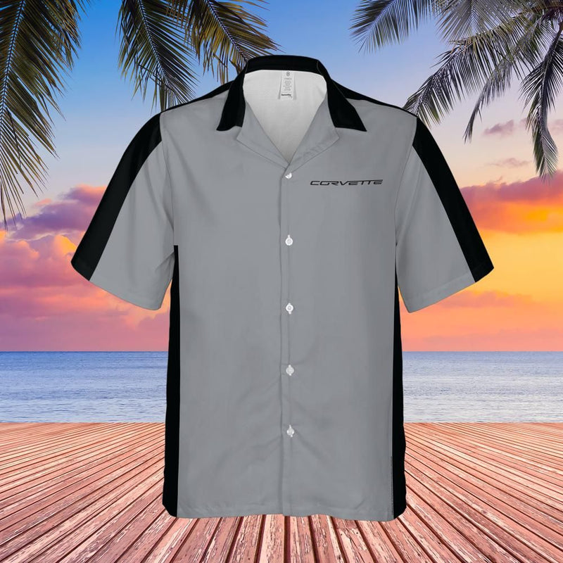 C6 Chevrolet Corvette Hawaiian Shirt Machine Silver Metallic and Black Color Block Men's Short Sleeve Button-Up Casual Camp Shirt