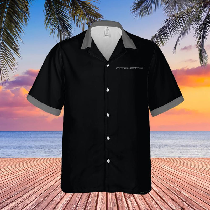 Chevrolet Corvette Hawaiian Shirt Black & Grey Men's Short Sleeve Button-Up Camp Shirt