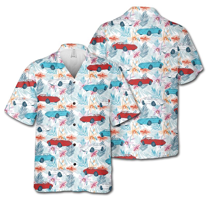 C3 Corvette Men's Multicolor Short Sleeve Front Button Hawaiian Style Shirt