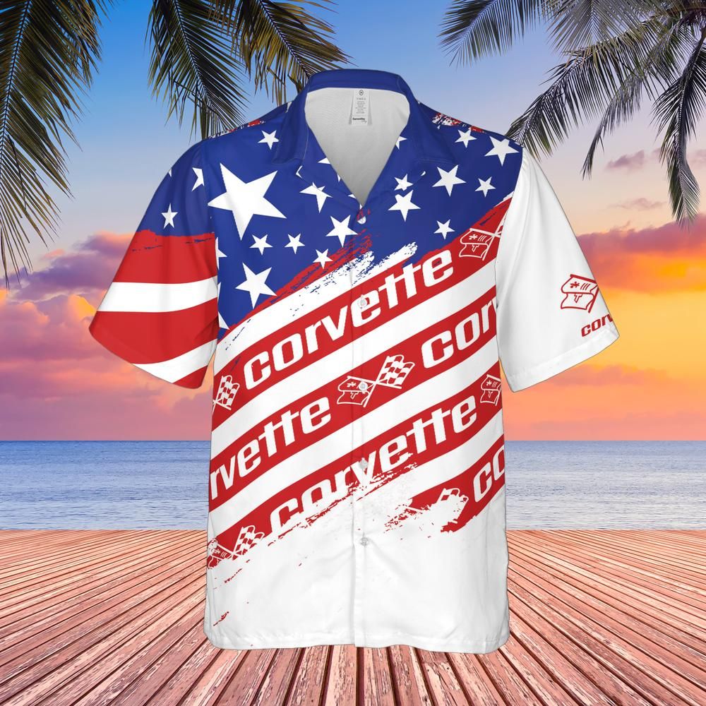 Men’s Chevy Corvette C3 Americana Hawaiian Shirt, Red, White, and Blue Stars and Stripes, Button-Down, Short Sleeve