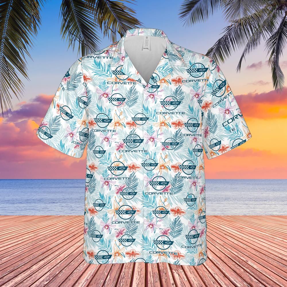 C4 Chevy Corvette Men’s Hawaiian Shirt, Tonal Logo Tropical Floral Pattern, Short Sleeve Button Down, Corvette Gift Apparel