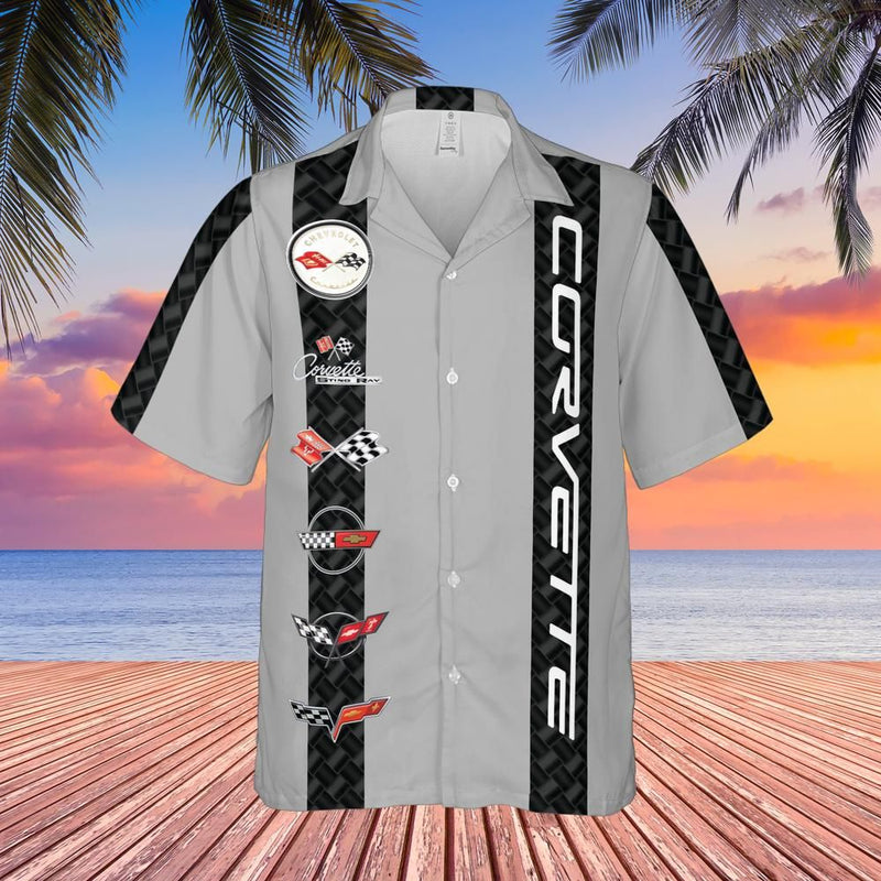 Corvette C1-C6 Logos Light Grey Base with Carbon Stripes Hawaiian Shirt for Men, Button-Down Short Sleeve, Classic Fit, Corvette Racing Design, Lightweight and Breathable Summer Shirt, Casual Car Enthusiast Apparel, Officially Licensed GM Product