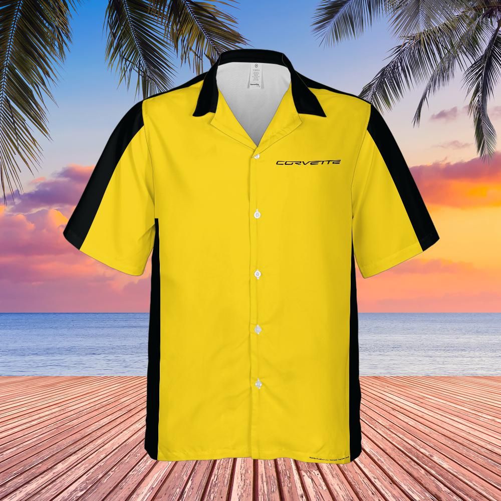C6 Chevrolet Corvette Hawaiian Shirt Velocity Yellow and Black Color Block Men's Short Sleeve Button-Up Casual Camp Shirt