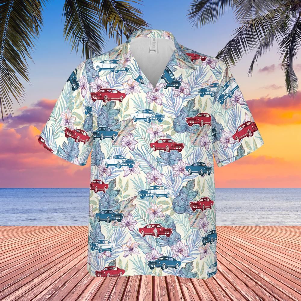 Carroll Shelby GT350 Hawaiian Shirt with Tropical Floral Background – Wimbledon White, Acapulco Blue & Candyapple Red