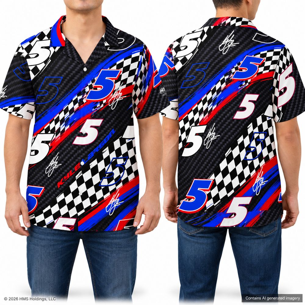 Hendrick Motorsports Kyle Larson #5 Black Checkered Racing Hawaiian Shirt