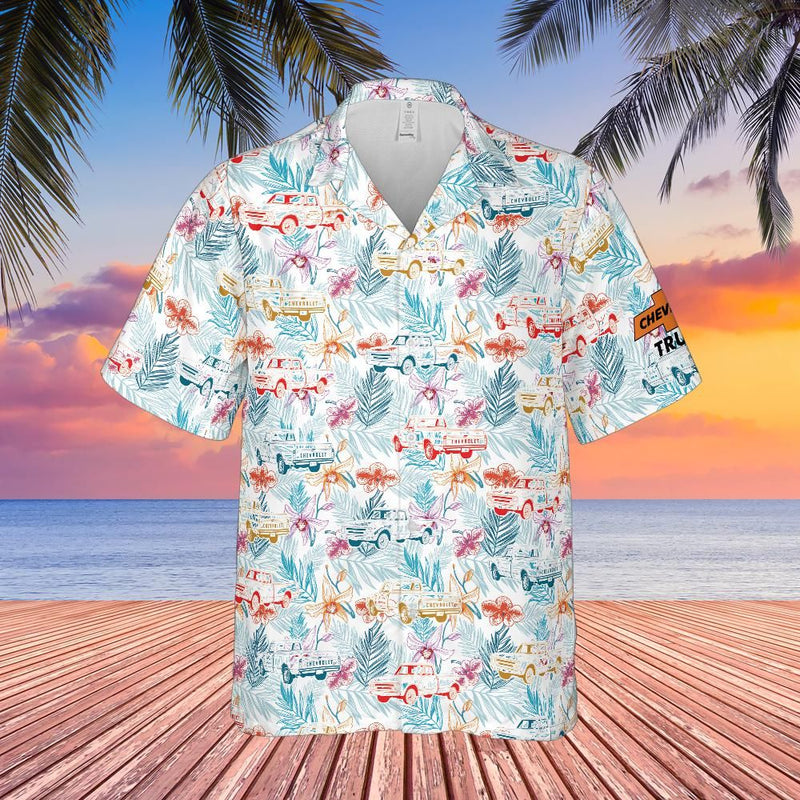 1973 Chevrolet C10 Trucks Men’s Hawaiian Shirt, Outline Tropical Print, Button Down, Short Sleeve, Vintage Chevy Pickup Tee