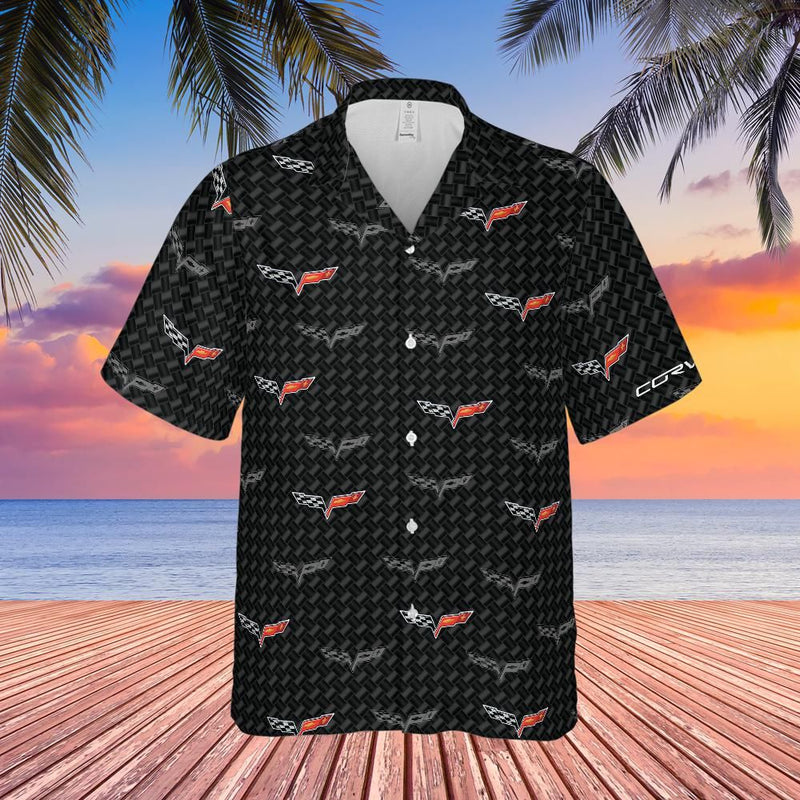 C6 Chevy Corvette Men’s Hawaiian Shirt, Carbon Flag Logo Pattern, Short Sleeve Button Down, Corvette Apparel Gift