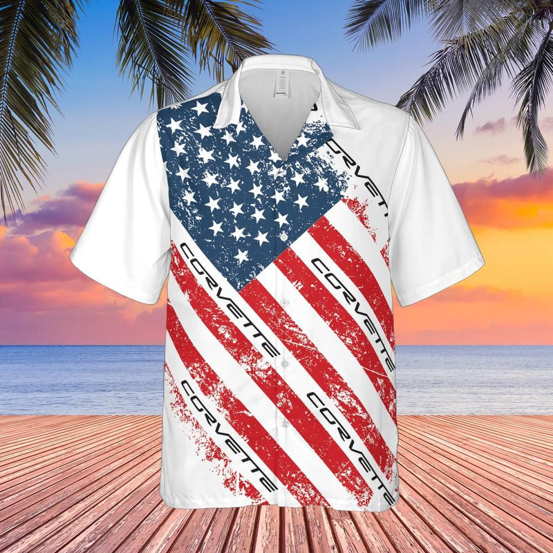 Corvette C6 US Flag Regular Fit Hawaiian Front Button Short Sleeve Shirt carbon