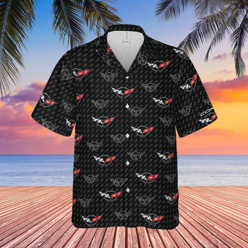 C5 Chevy Corvette Men’s Hawaiian Shirt, Carbon Flag Logo Pattern, Short Sleeve Button Down, Corvette Apparel Gift
