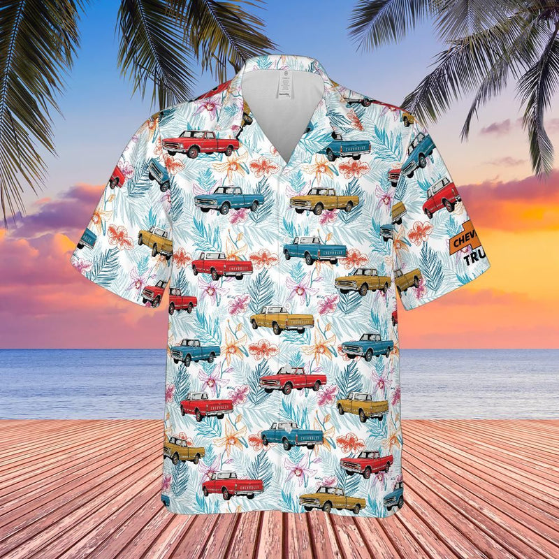 Chevrolet C10 Trucks Men’s Hawaiian Shirt, 1973 Chevy Pickup Tropical Print, Button Down, Short Sleeve, Gift for Truck Lover