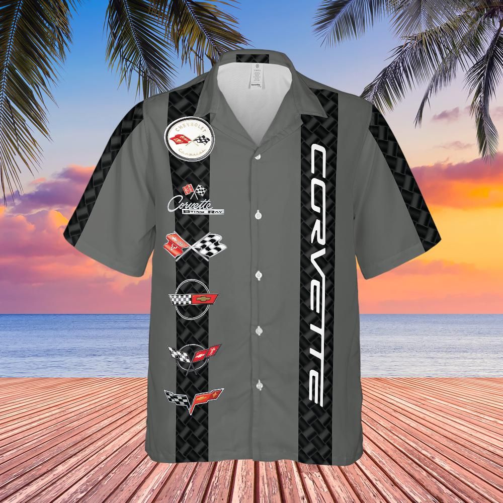 Corvette C1-C6 Logos Grey Base with Black Stripes Hawaiian Shirt for Men, Button-Down Short Sleeve, Classic Fit, Corvette Racing Design, Lightweight and Breathable Summer Shirt, Casual Car Enthusiast Apparel, Officially Licensed GM Product